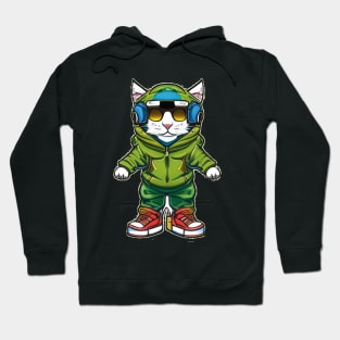 Paws & Playlists: Stylish Cat with Green Hoodie, Sunglasses, and Blue Headphones Hoodie